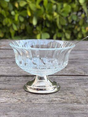 Vintage Pasari Indonesia Cut Glass Fruit Dessert Bowl with Spoon Silver Pedestal